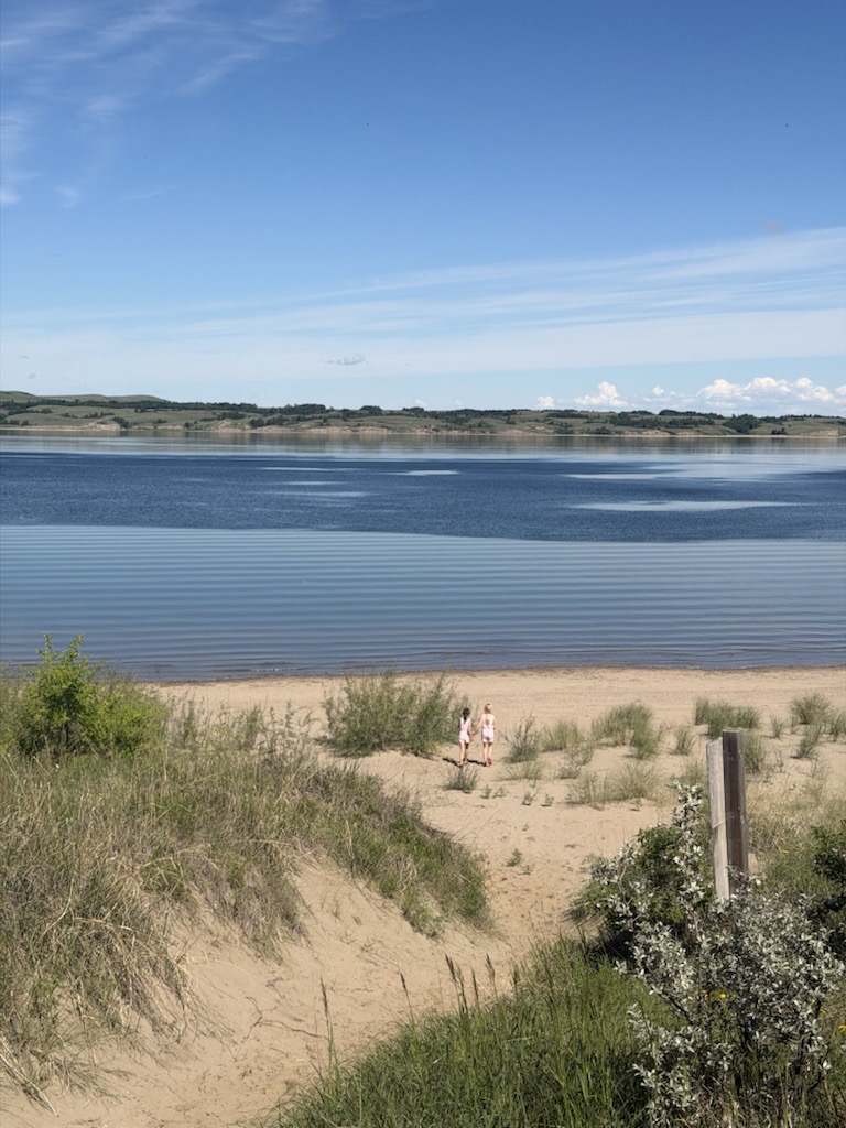 Wide landscape view of Lake Diefenbaker with a sandy beach, grassy dunes, and two figures walking along the shore under a bright blue sky